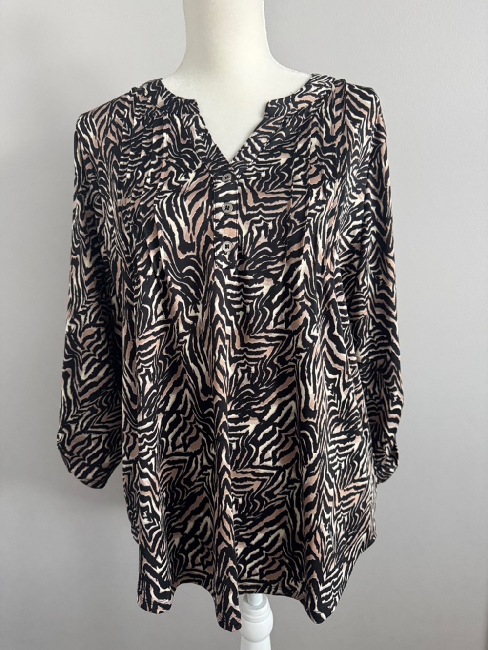 NY Collection Zebra-Print Henley Tunic in Black & Beige